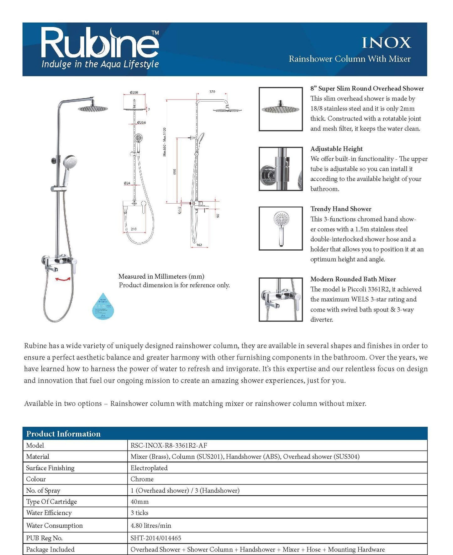 Rubine Rainshower Column with Mixer Inox R8