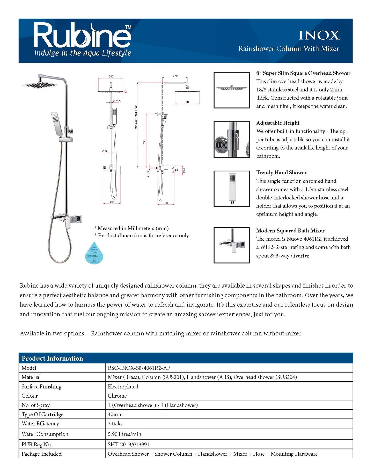 Rubine Rainshower Column with Mixer Inox S8