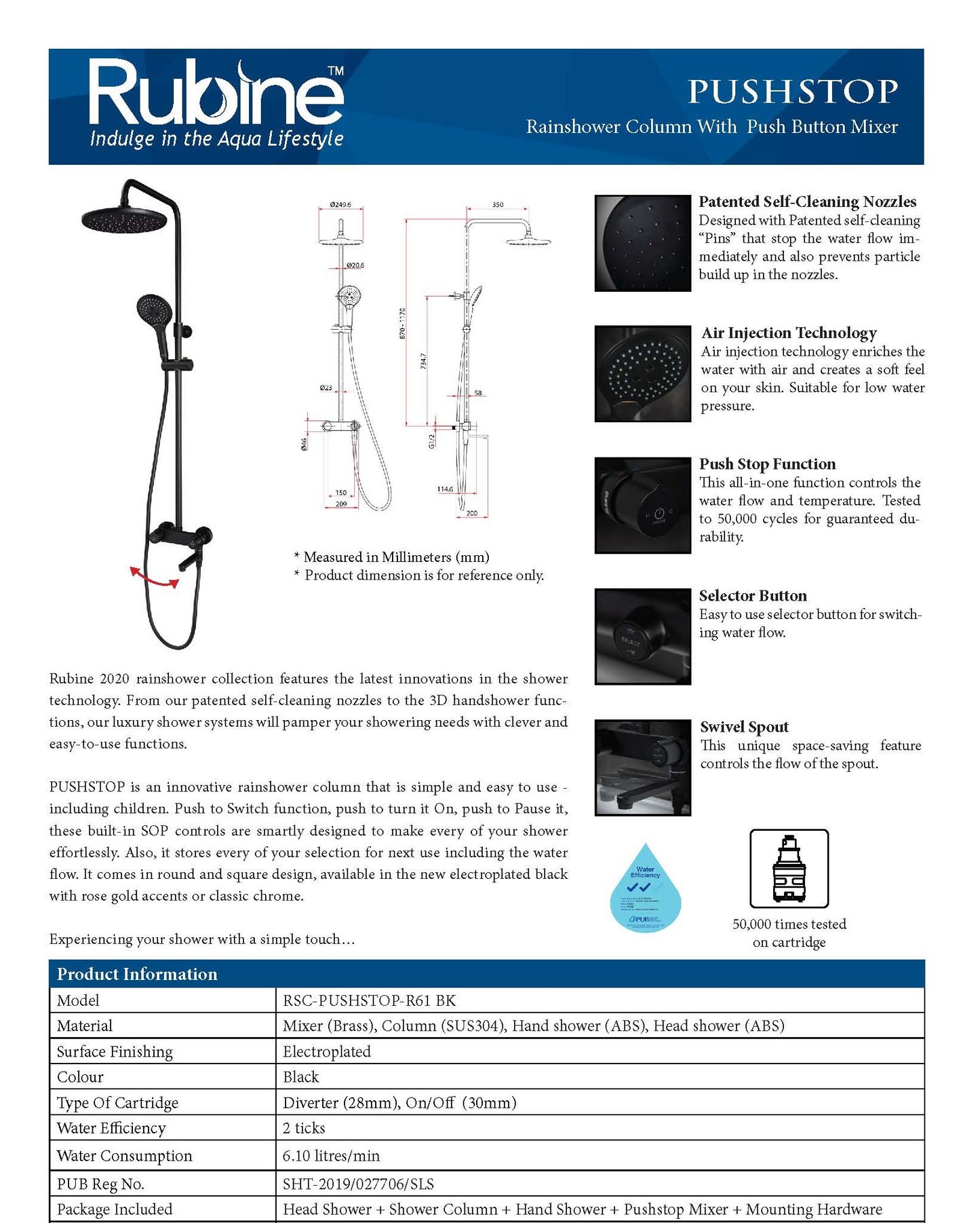 Rubine Rainshower Column with Push Button Mixer R61