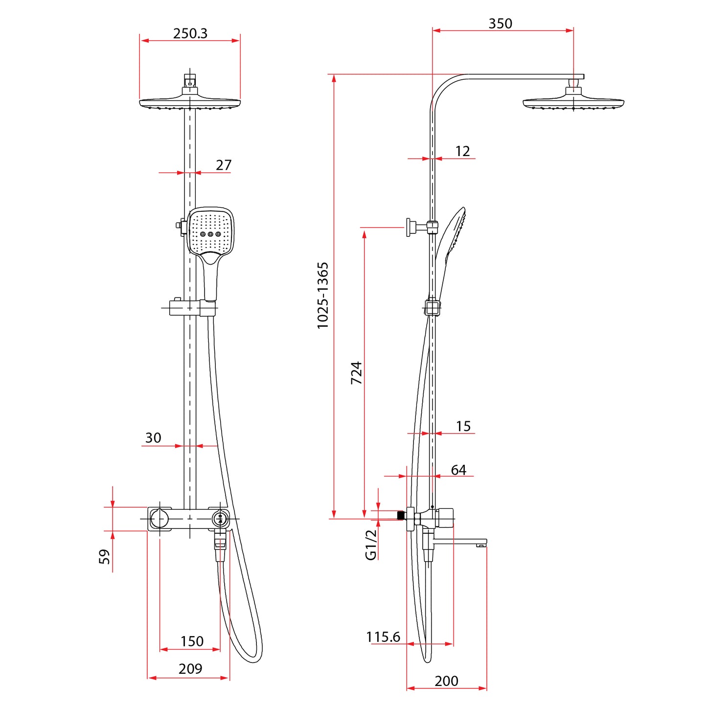 Rubine Rainshower Column with Push Button Mixer S81