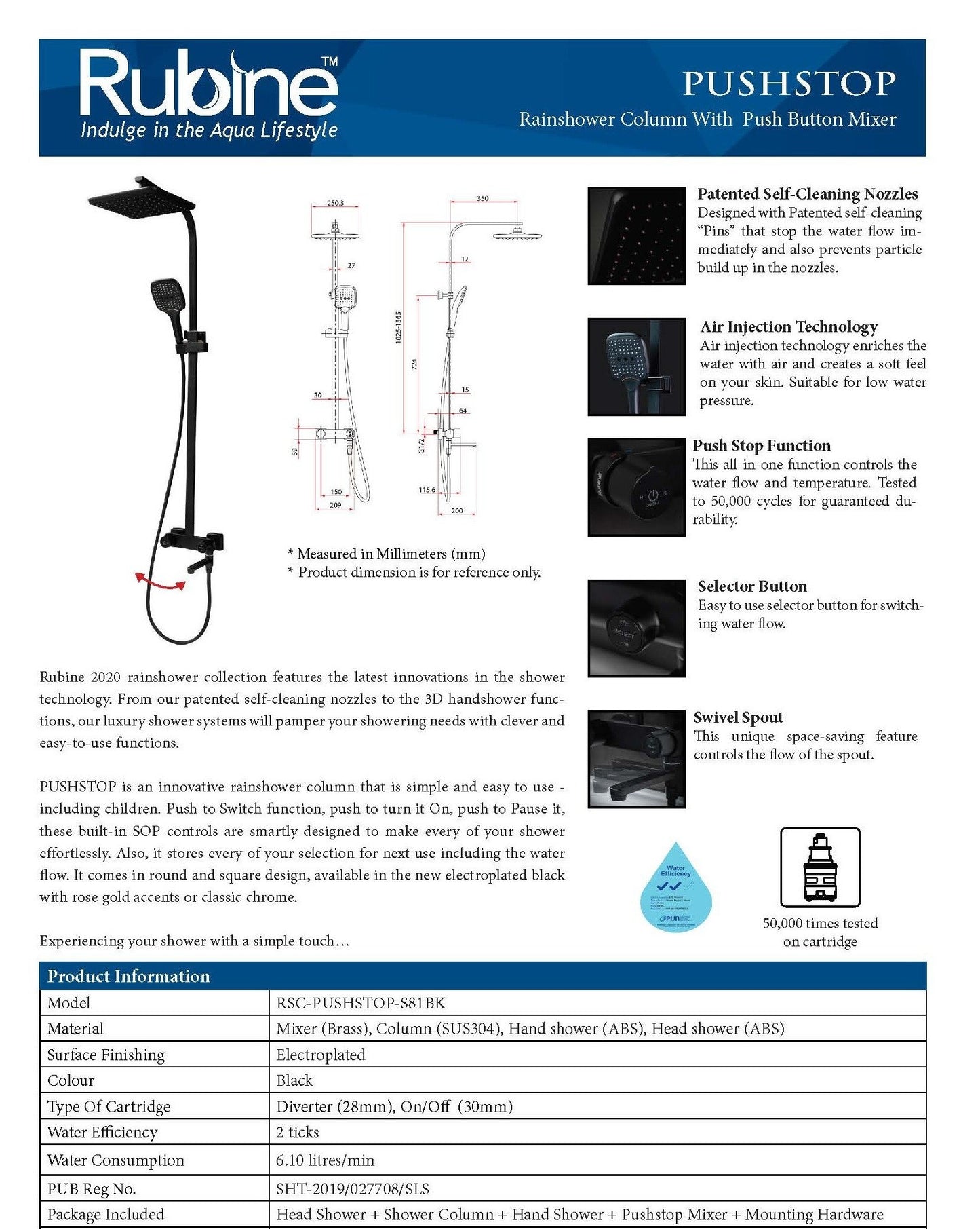 Rubine Rainshower Column with Push Button Mixer S81